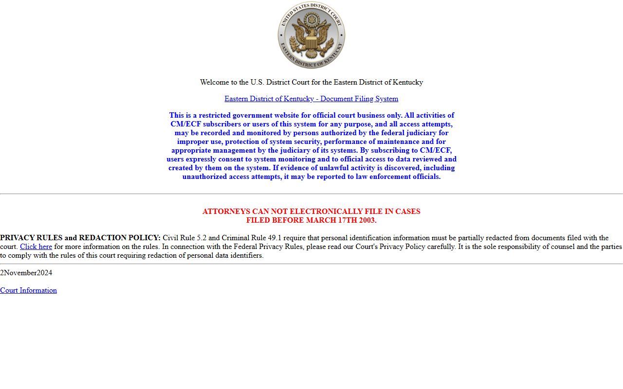Bell County Circuit Court records and Eastern District of Kentucky CM ECF access