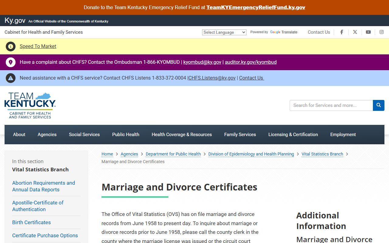 Bell County marriage and divorce records certificate page from Kentucky OVS